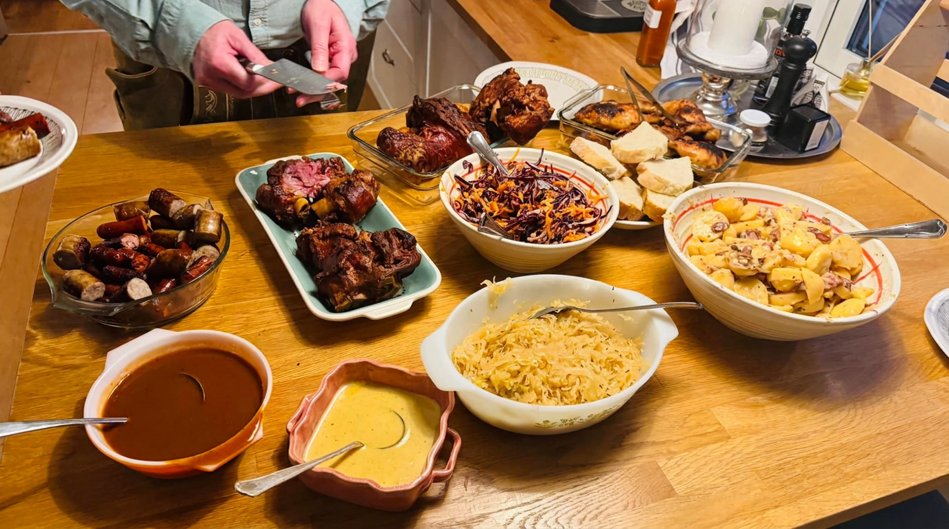 En stor buffé med kött, korv, potatis, sallad och såser