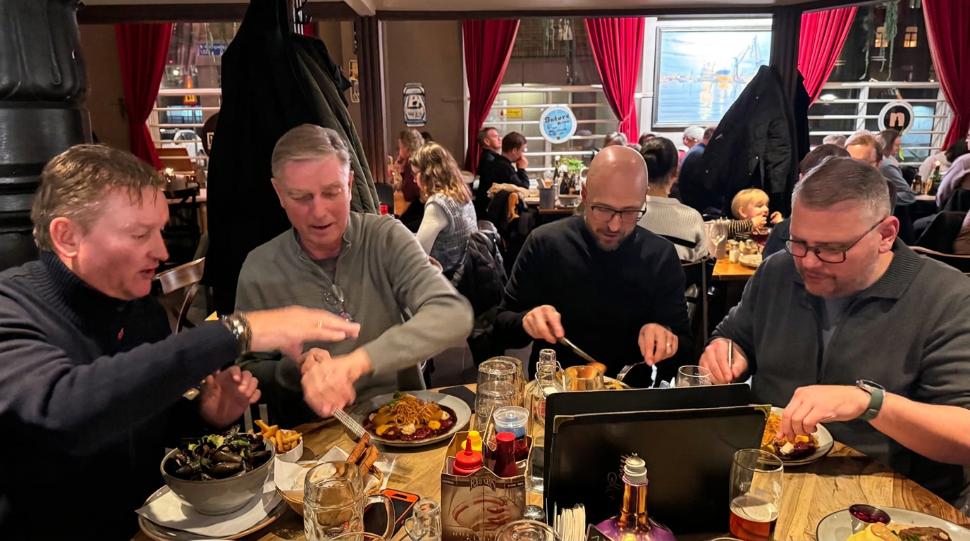 Fyra klubbmedlemmar äter tillsammans vid ett restaurangbord